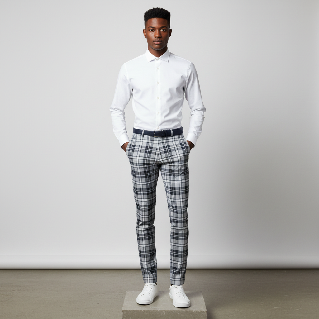 Light Grey Navy Tartan Trousers – Front Model
