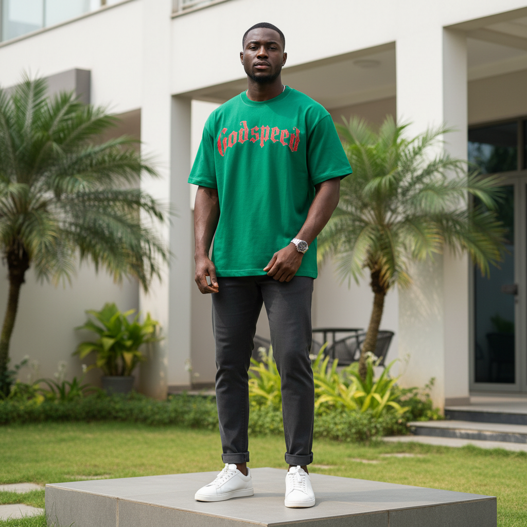 Nigerian male model wearing men's forest green graphic short-sleeve tee full body streetwear editorial shot