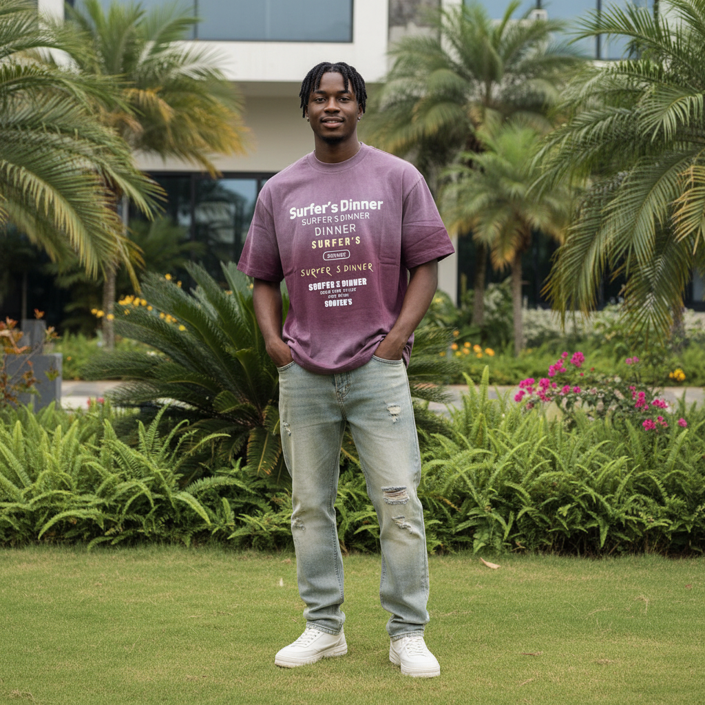 Nigerian male model wearing washed mauve stacked text graphic tee – front view