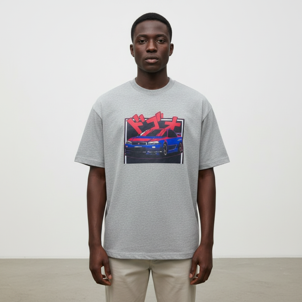 Model wearing the grey katakana sports car t-shirt