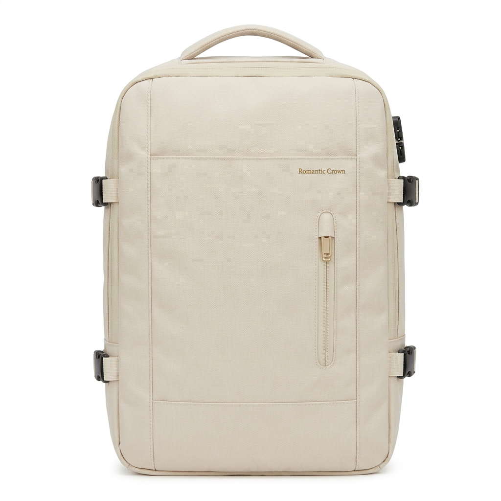 Cream rectangular backpack with vertical front zip pocket