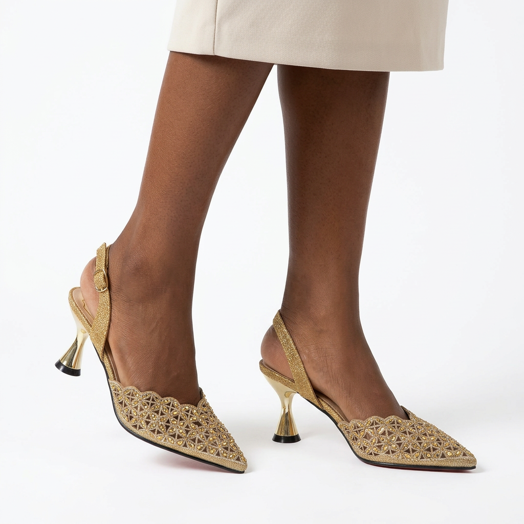 Model wearing gold geometric cutout slingback heels