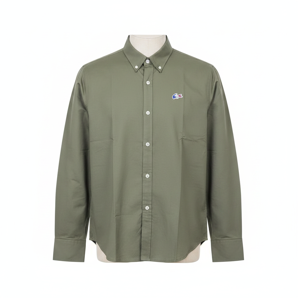 Olive green plain long-sleeved shirt ghost mannequin front view