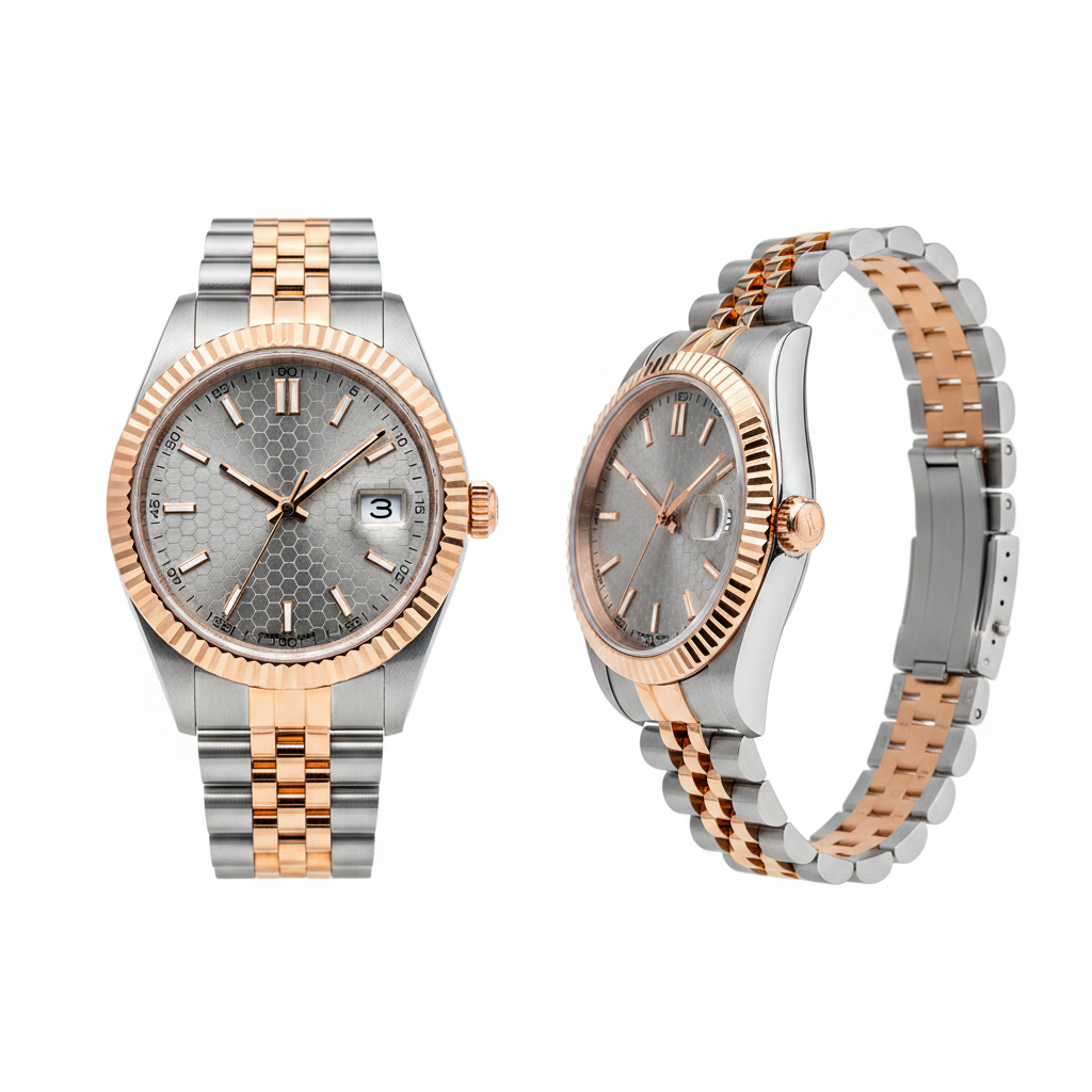 Silver grey honeycomb dial two-tone rose gold steel couple watch — ghost mannequin front and side view