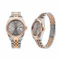 Silver grey honeycomb dial two-tone rose gold steel couple watch — ghost mannequin front and side view