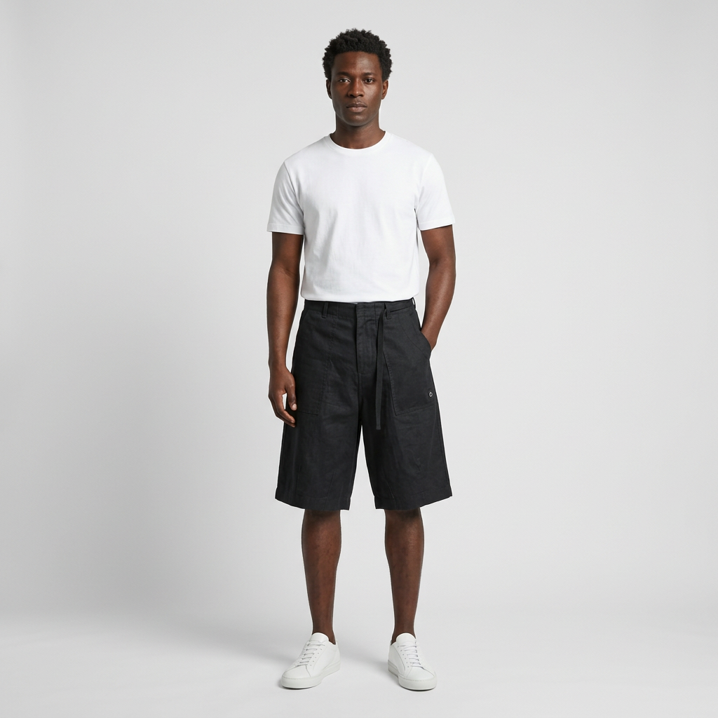 Full-body male model wearing black patch-pocket shorts
