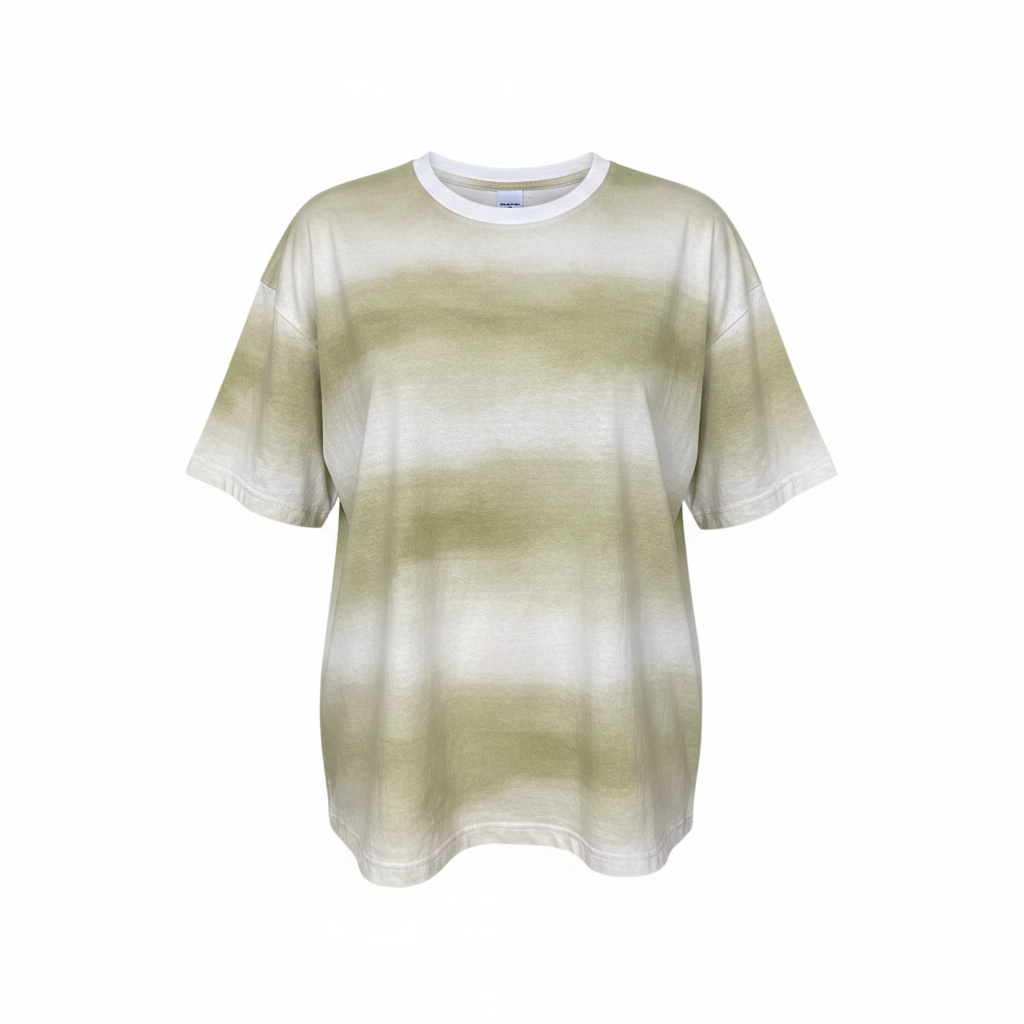 Olive and white striped oversized crew neck tee, ghost mannequin view