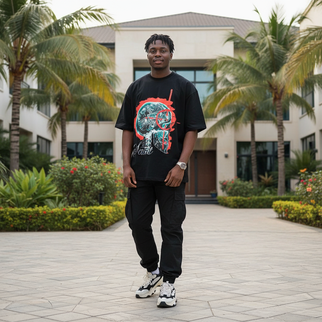 Nigerian male model wearing black skull globe illustrated graphic tee – front view