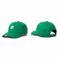 Bright green baseball cap with white C logo circle patch embroidery ghost mannequin front and rear-side view