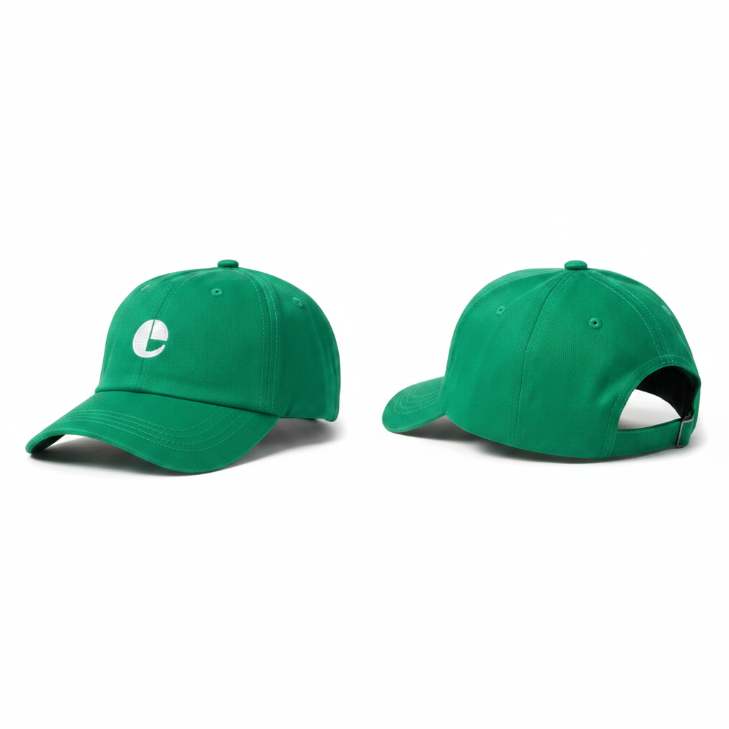 Bright green baseball cap with white C logo circle patch embroidery ghost mannequin front and rear-side view
