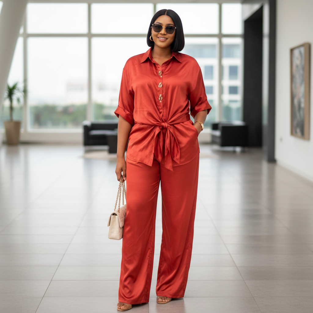 Nigerian woman wearing red satin tie-front shirt and trouser co-ord set