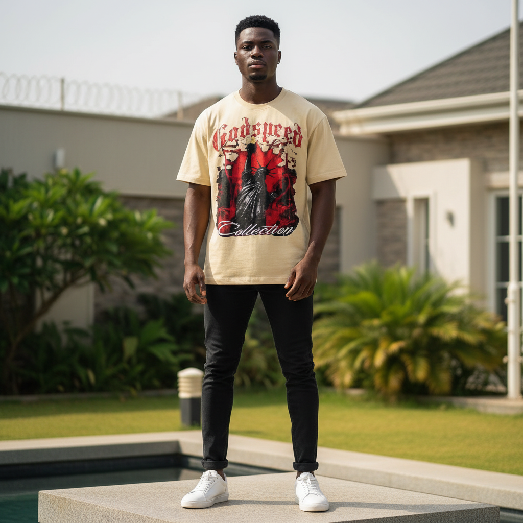 Nigerian male model wearing men's cream graphic short-sleeve tee full body streetwear editorial shot