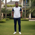 Nigerian male model wearing white and navy colour block short sleeve polo shirt