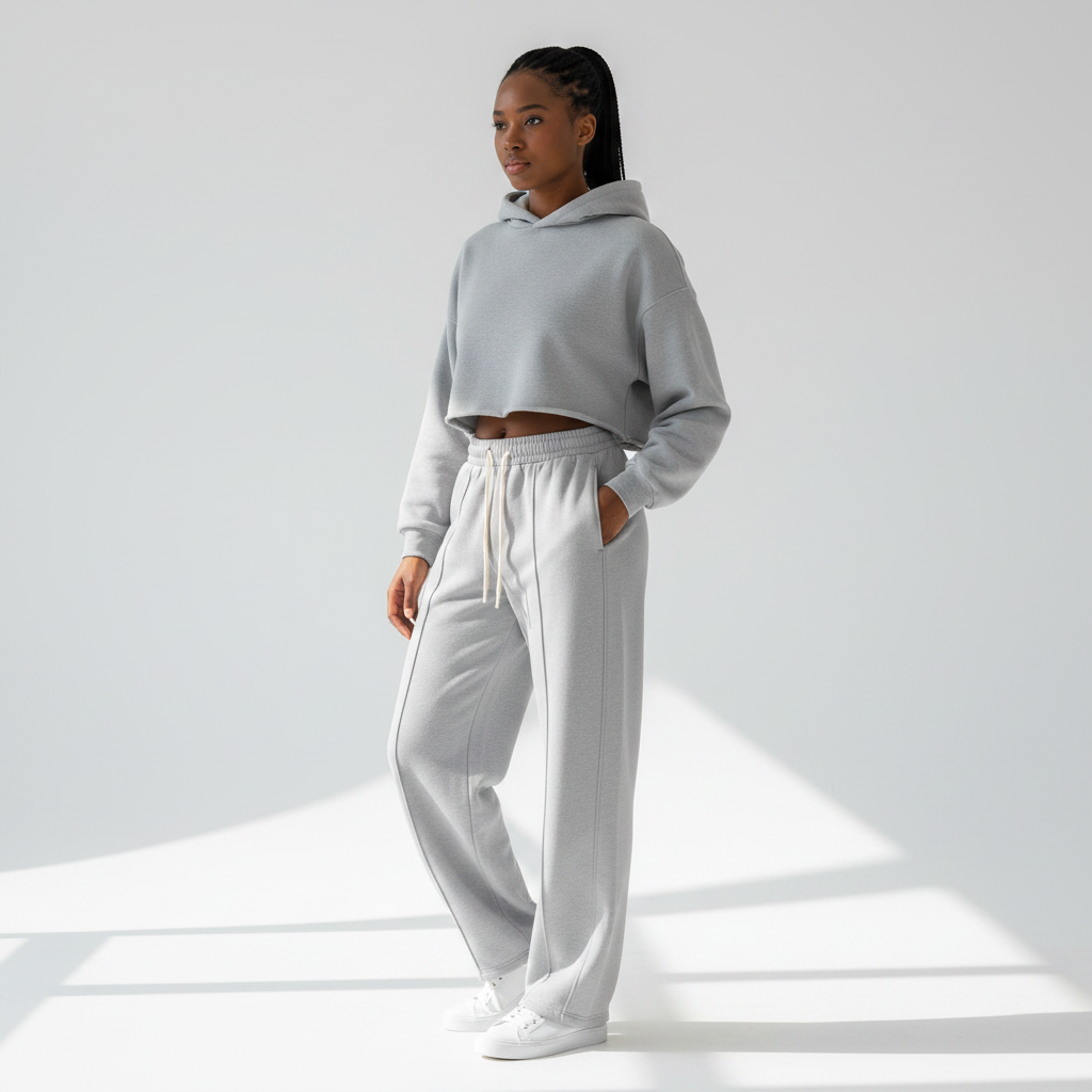Female model wearing grey sweatpants