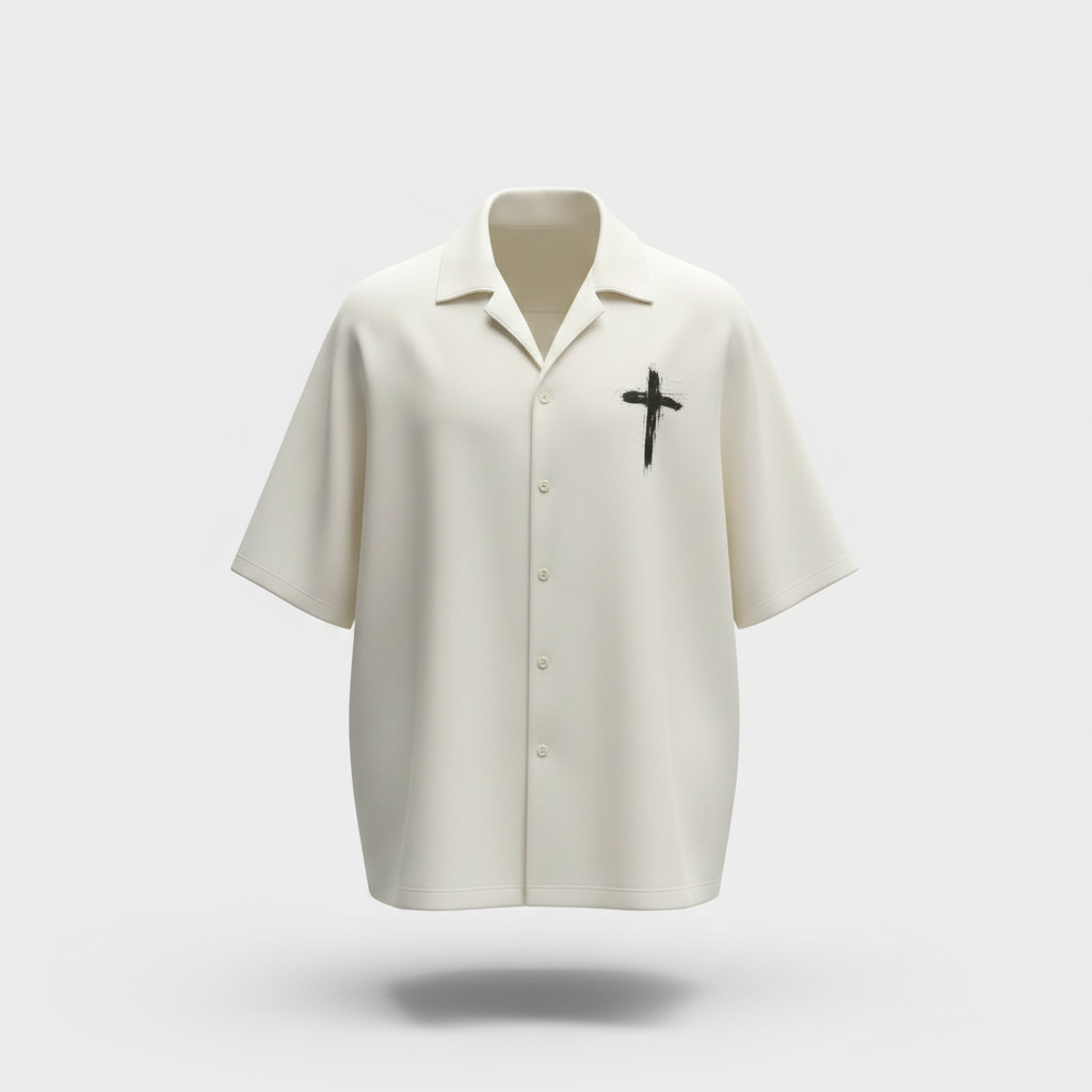 Cream cross motif camp collar shirt front view