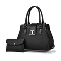 Black structured handbag and matching envelope pouch on a plain white background
