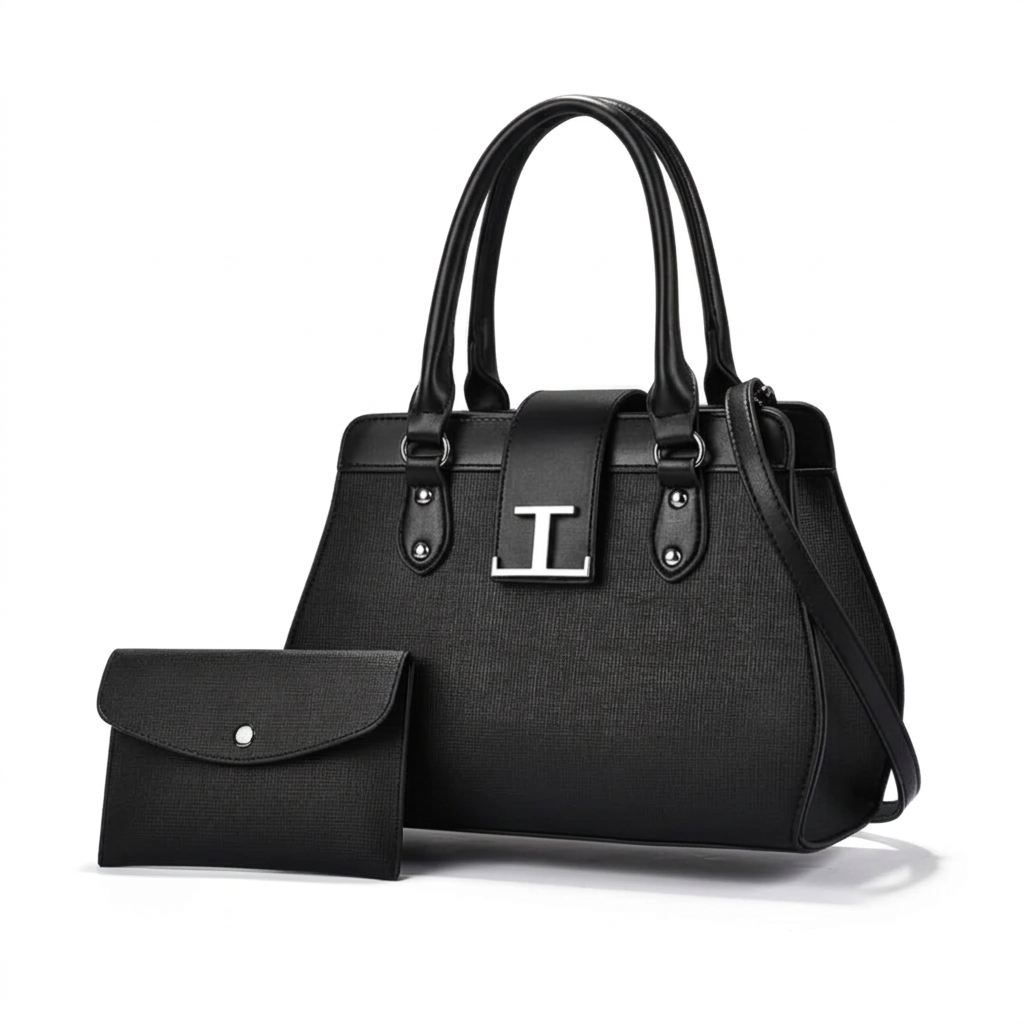 Black structured handbag and matching envelope pouch on a plain white background