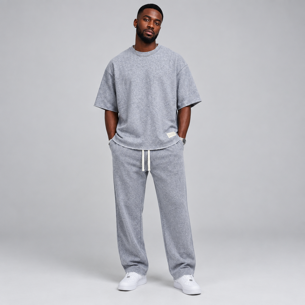 Nigerian male model wearing heather grey oversized t-shirt and jogger tracksuit set