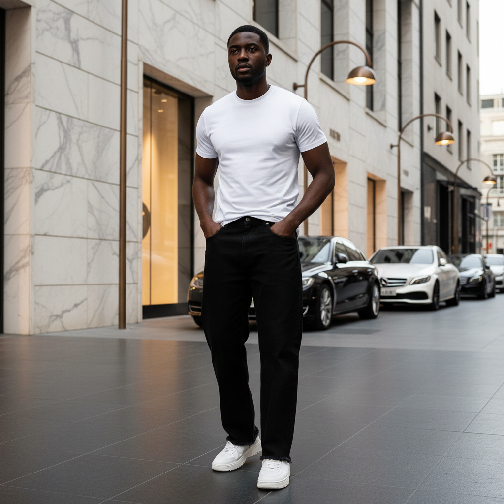 Nigerian male model wearing Men's Black Baggy Wide-Leg Denim Jeans