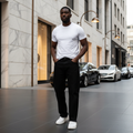 Nigerian male model wearing Men's Black Baggy Wide-Leg Denim Jeans