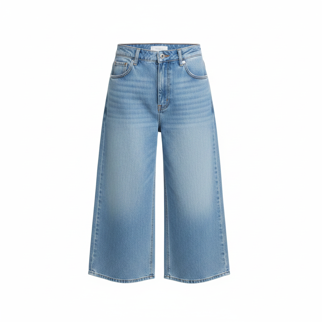 Light Blue High-Waist Wide-Leg Culotte Jeans – Ghost Mannequin Front