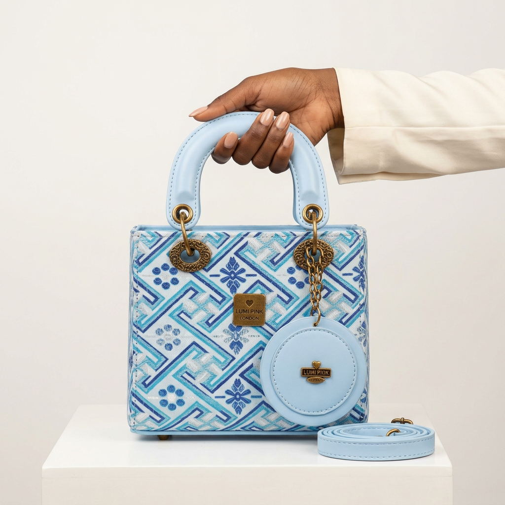 Blue geometric handbag held by a Black woman's manicured hand, with round pouch and strap