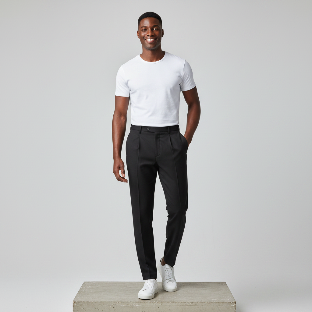 Black Pleated Tapered Trousers - Model Front