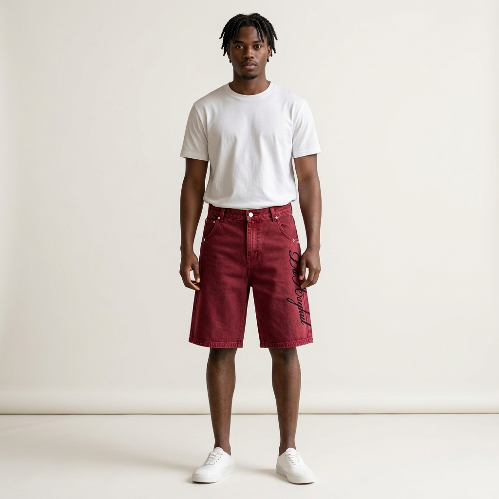 Male model wearing washed burgundy script denim shorts, a white tee and white trainers against a plain off-white background