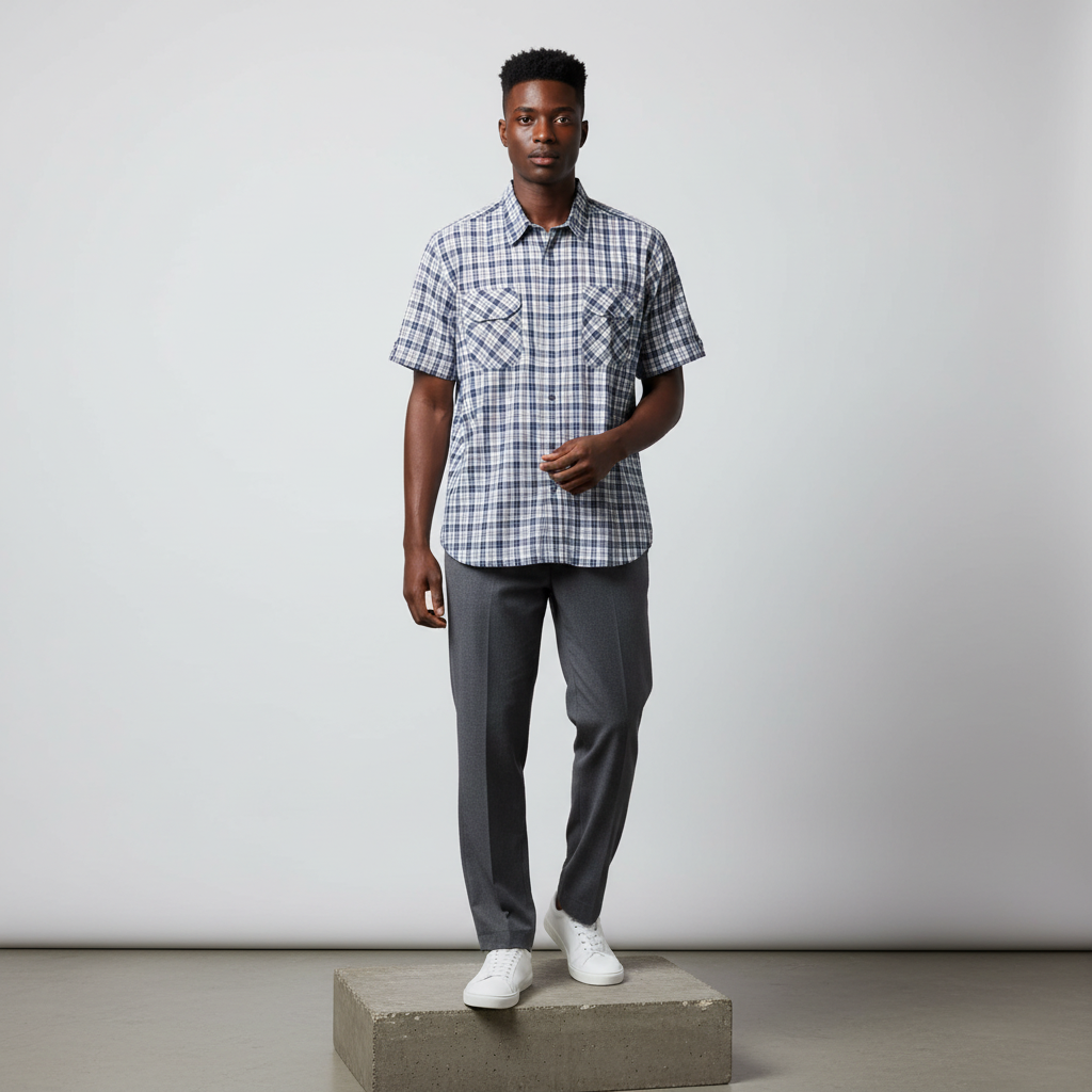 Navy White Plaid Short-Sleeved Shirt - Model Shot
