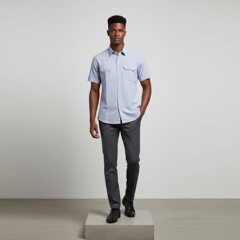 Nigerian male model wearing light blue micro-check short-sleeved shirt