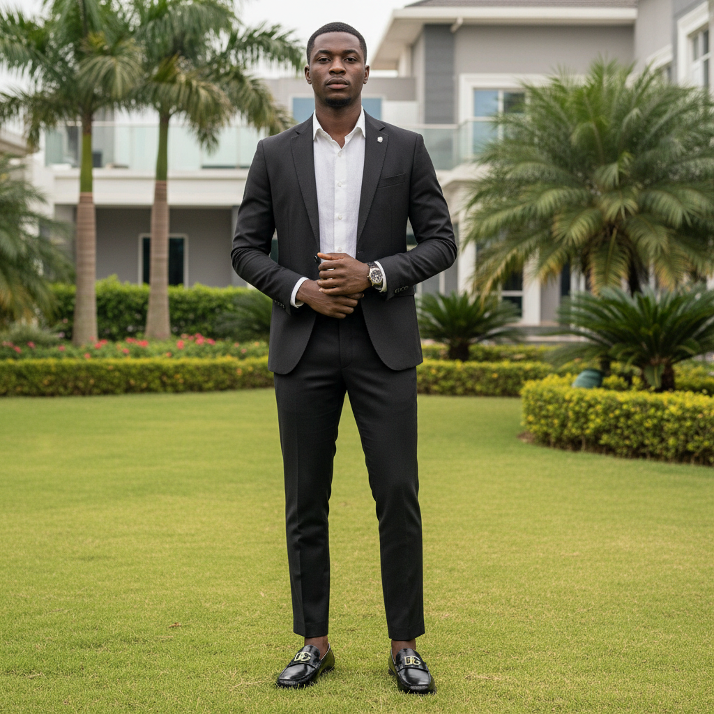 Nigerian male model wearing black smooth leather gold hardware loafer shoes in garden setting