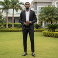 Nigerian male model wearing black smooth leather gold hardware loafer shoes in garden setting