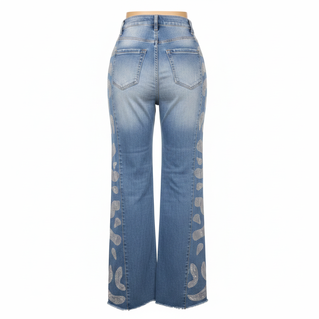 Light Blue Rhinestone Heart Side Panel Wide-Leg Jeans - Ghost Mannequin Back