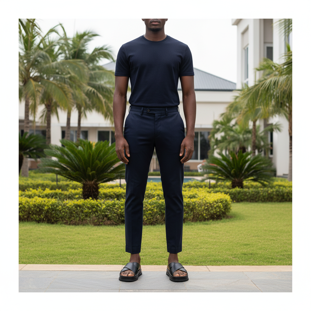 Nigerian male model wearing black leather cross-strap slide sandals with dark navy trousers in garden setting