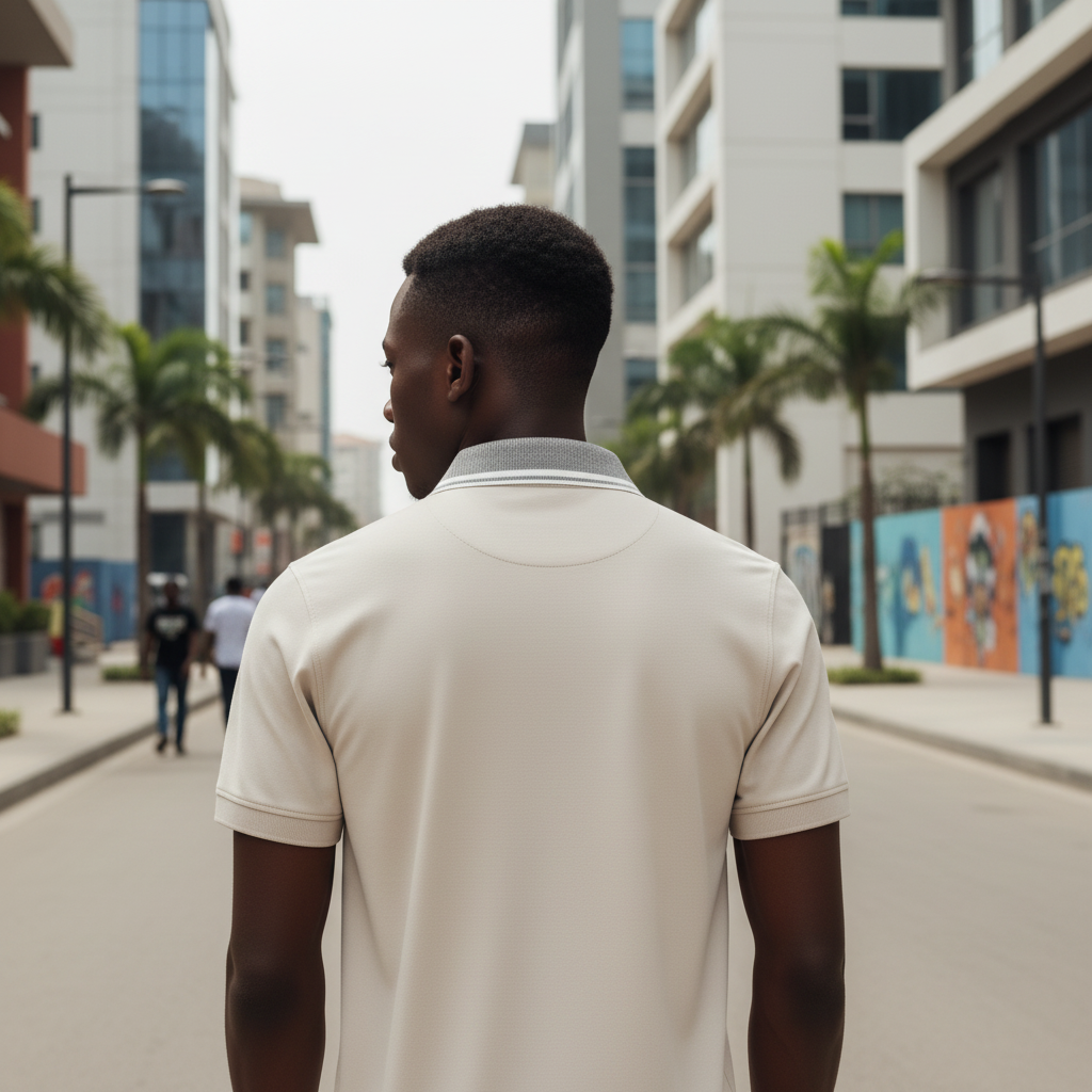 Young Nigerian male model wearing cream grey collar polo shirt, back view, Nigerian urban background