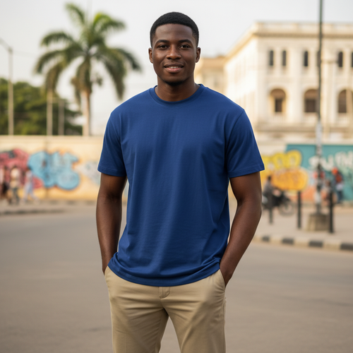 Nigerian male model wearing Premium Solid Colour Heavyweight Crew Neck Short-Sleeve T-Shirt