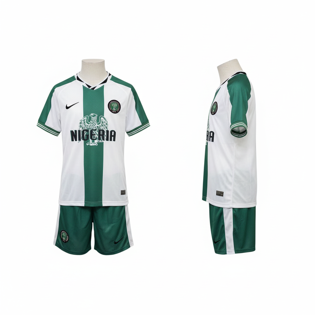 Kids green and white stripe eagle football jersey and green shorts set ghost mannequin front and side view