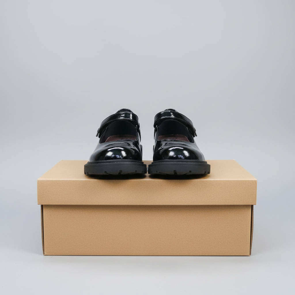 Girls' Black Patent Single Strap Mary Jane School Shoe - Realistic Carton Box Shot