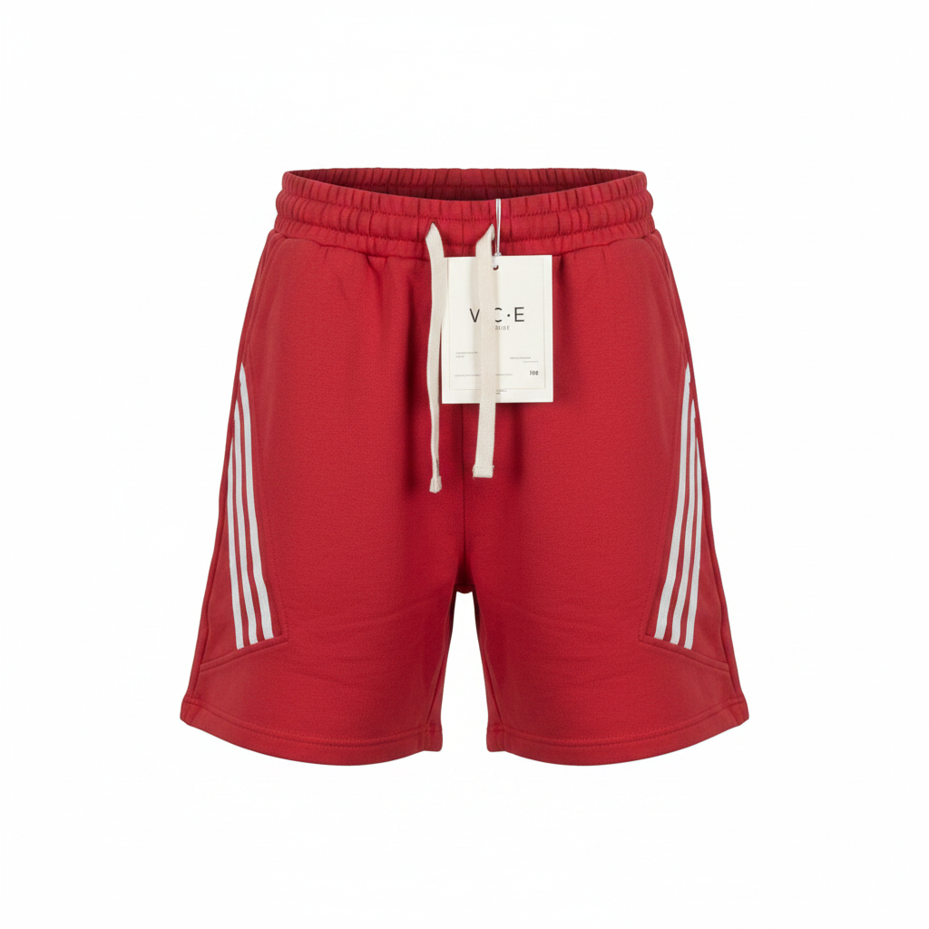 Men's crimson red angled triple-stripe sweat shorts — ghost mannequin front view