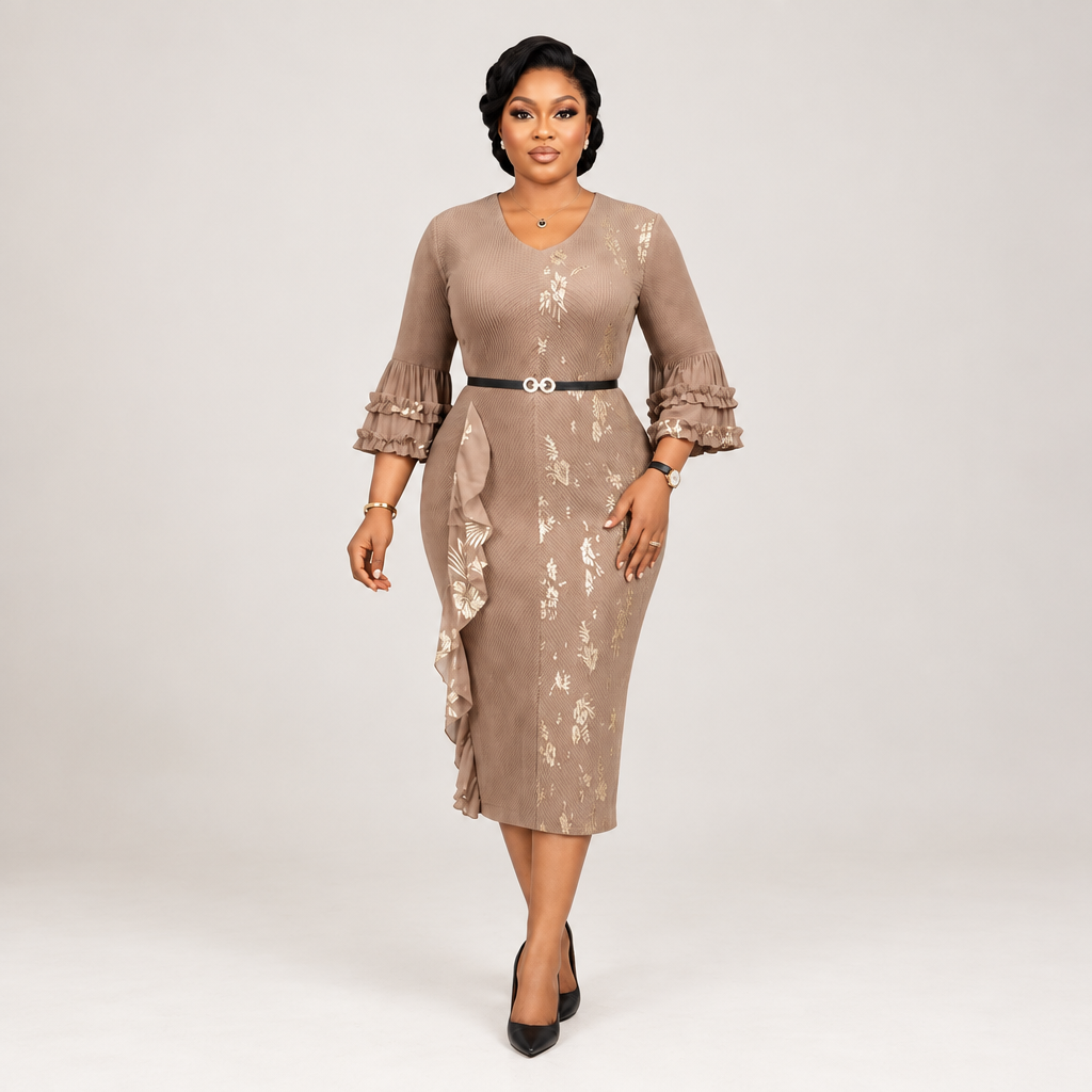 Black Nigerian model wearing a taupe floral midi gown with ruffle sleeves and a belted waist