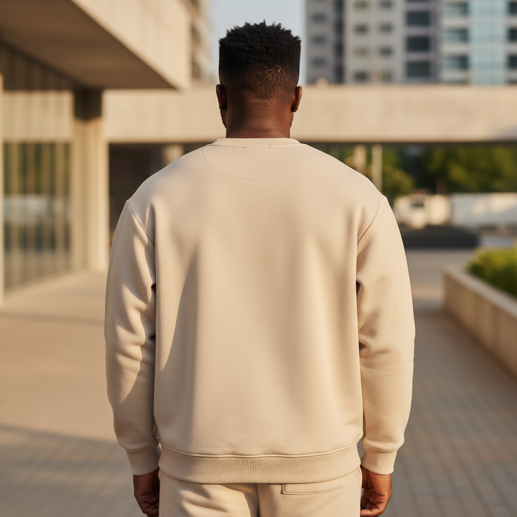 Plain Beige Sweatshirt back view on Nigerian male model