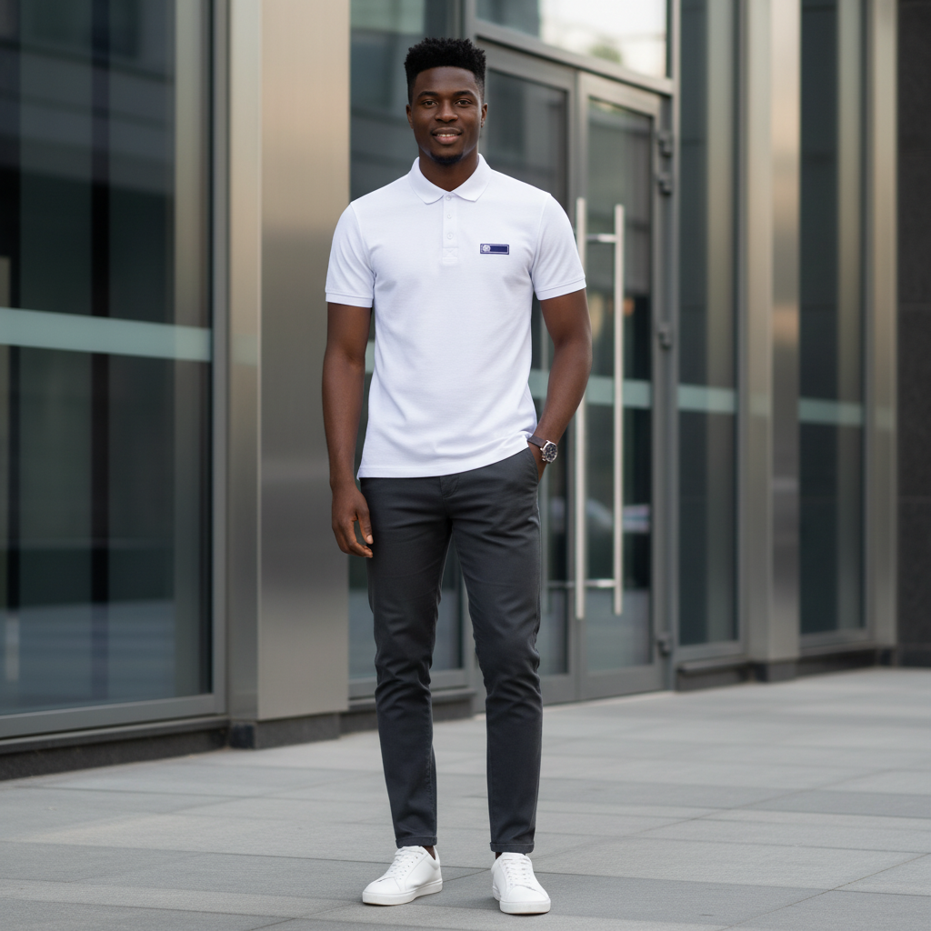Young Nigerian male model wearing a white polo shirt with navy badge in a modern urban setting
