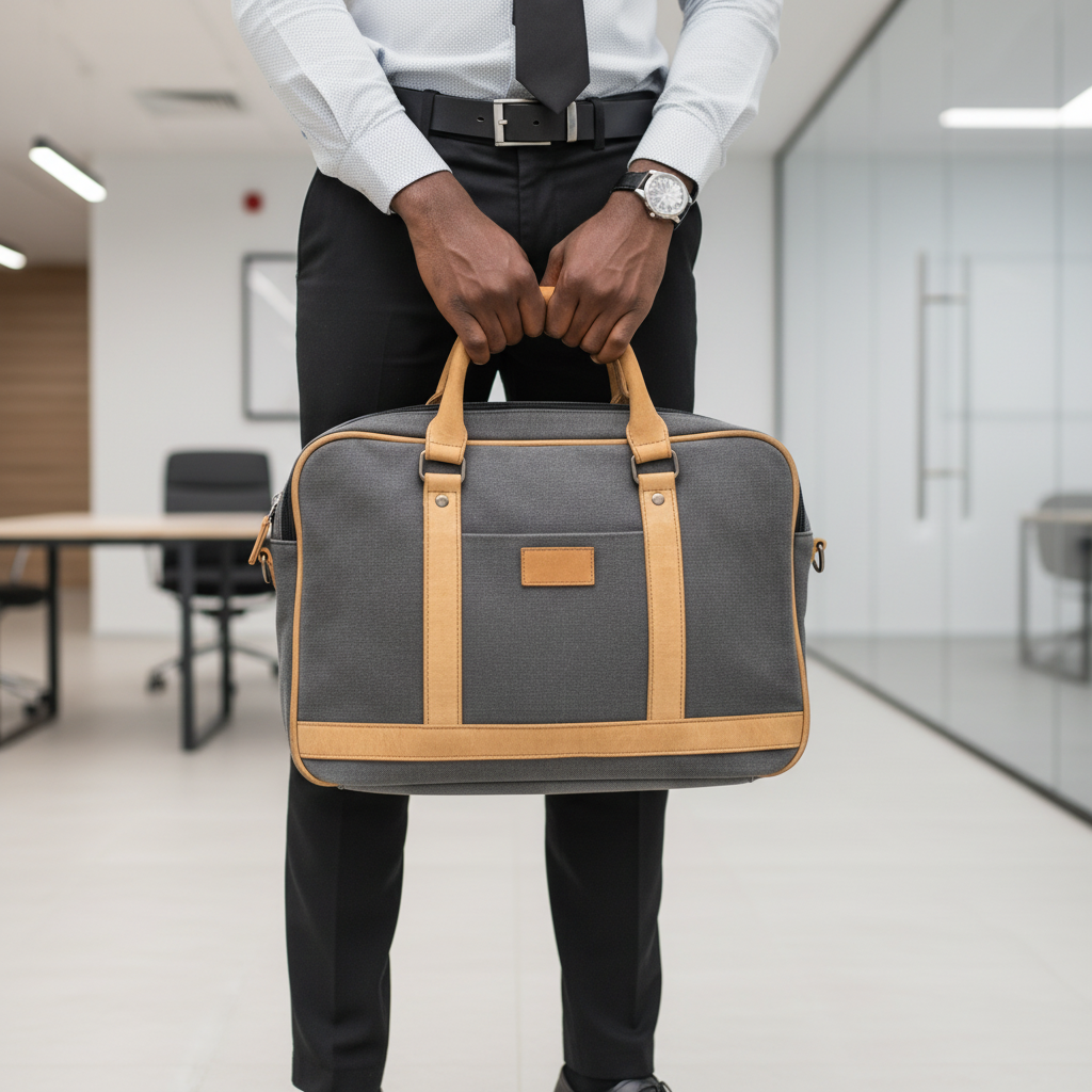 Sobar grey canvas tan leather laptop briefcase carried by Black Nigerian professional in office