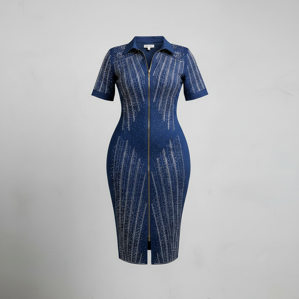 Navy blue rhinestone cascade zip-front bodycon dress ghost mannequin