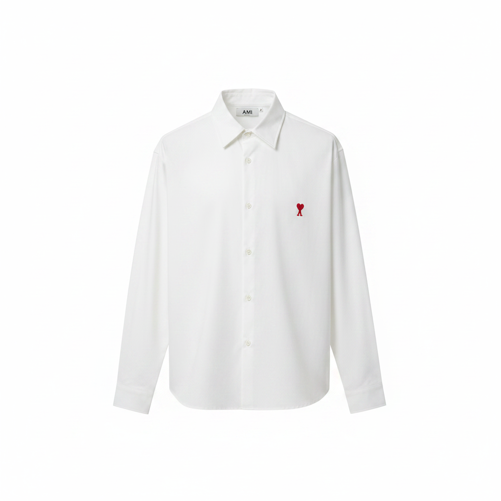 Men's white long-sleeve button-up shirt with red embroidered heart logo, ghost mannequin front view