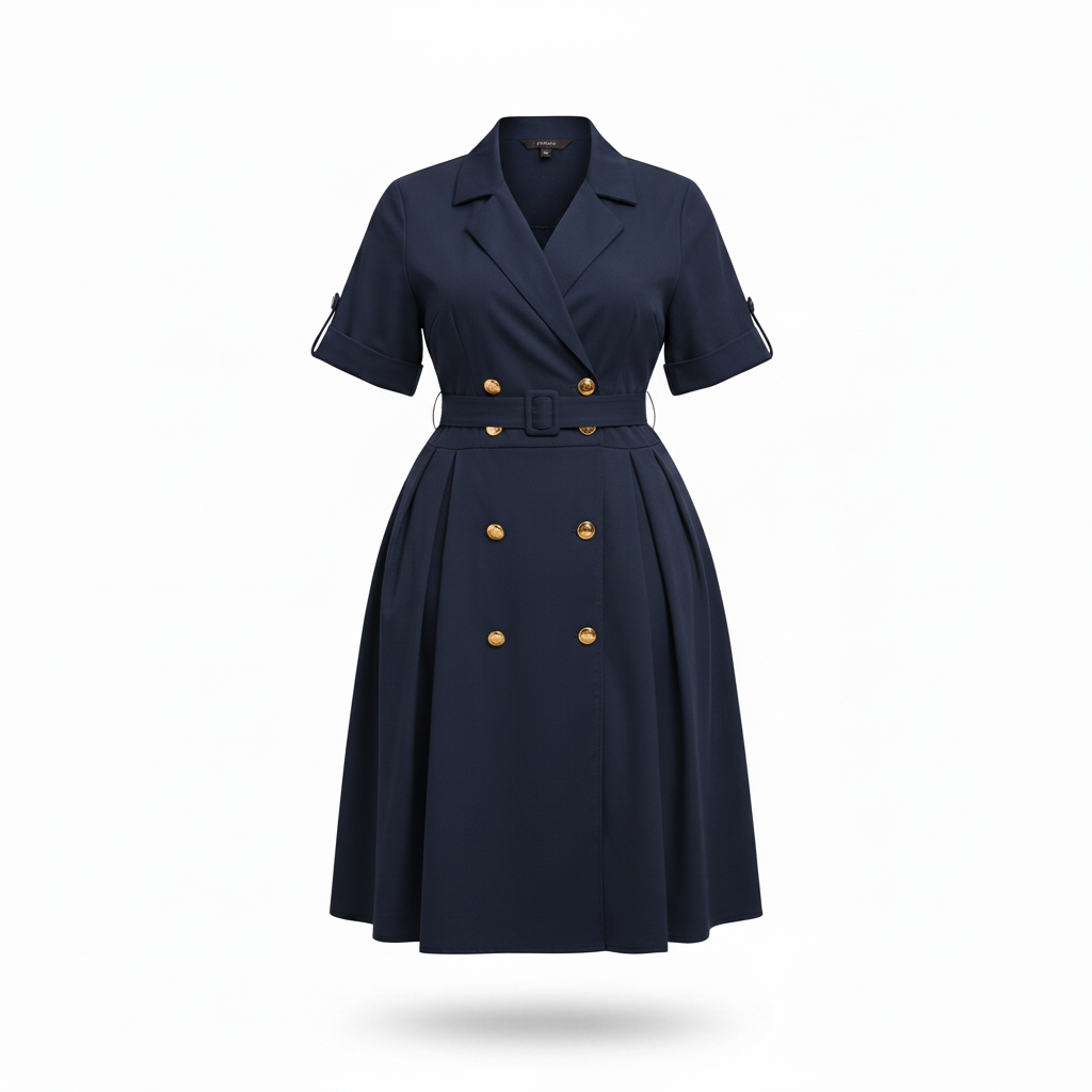 Women's navy blue double-breasted midi shirt dress – ghost mannequin view