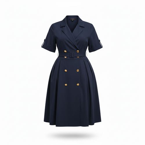 Women's navy blue double-breasted midi shirt dress – ghost mannequin view