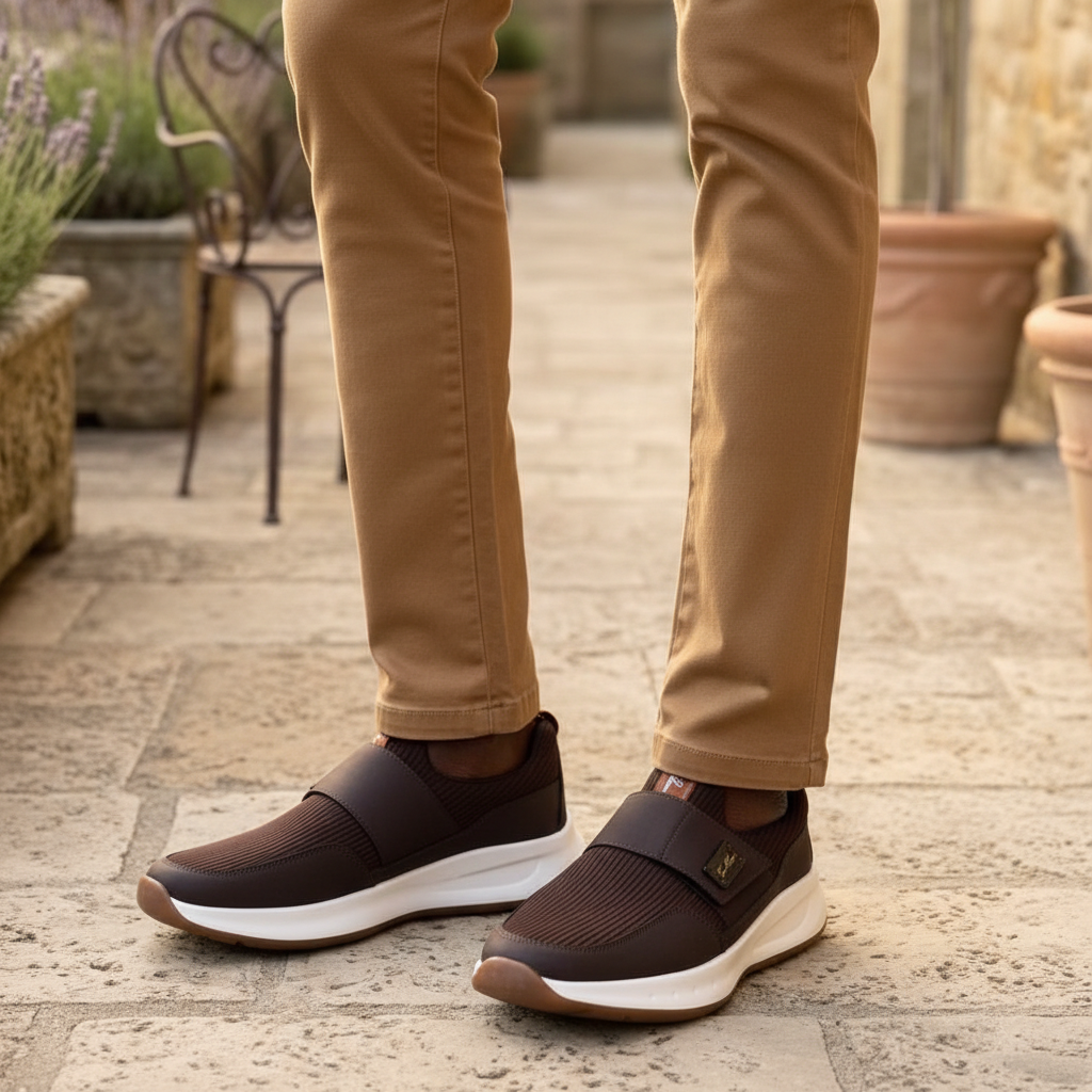 Nigerian male model wearing Loro Piana dark chocolate ribbed knit slip-on sneakers, tight zoomed-in luxury leg focus lifestyle shot