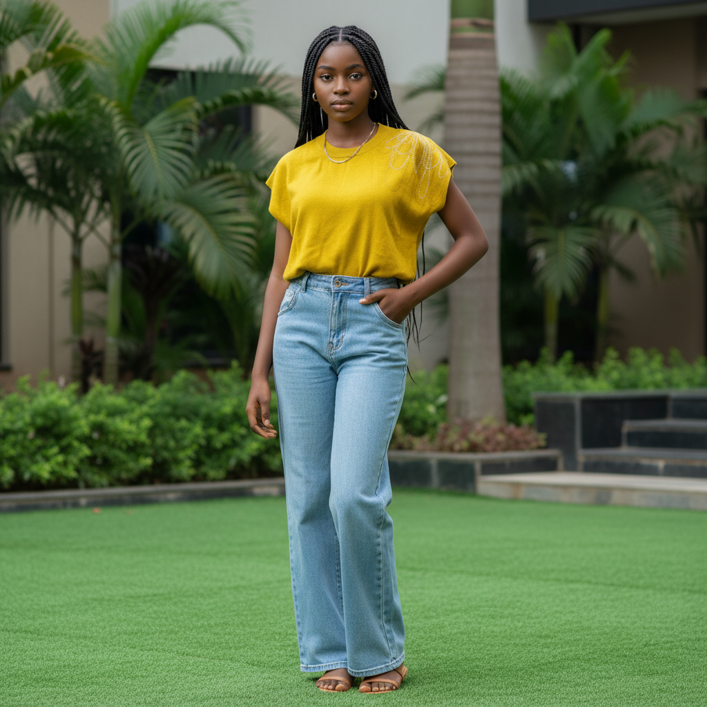 Nigerian teenage girl wearing mustard yellow rhinestone jellyfish knit sleeveless top