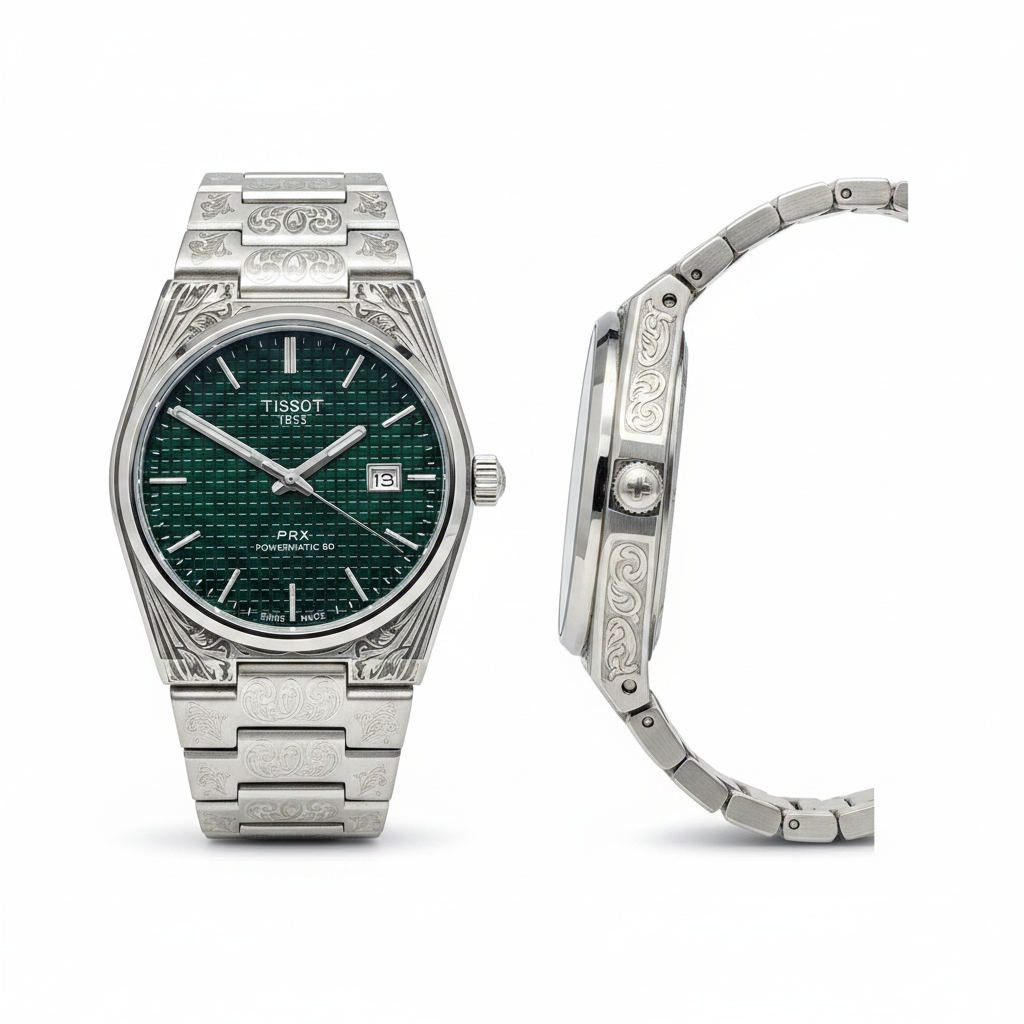 Silver engraved forest green tapisserie dial dress watch — front and side view
